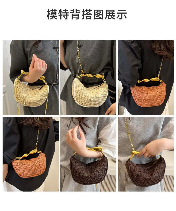 Luxury Metal Handle Clutch Bag Women Exquisite Handmade Rattan Woven crossbody Bag Half-moon Beach Bags Roomy Straw Tote Bag