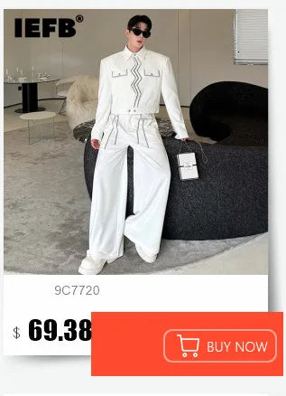 IEFB Niche Design Men's Two-piece Collarless Embroidery Blazer Loose Straight Suit Pants Contrast Color Male Sets New 9C7485