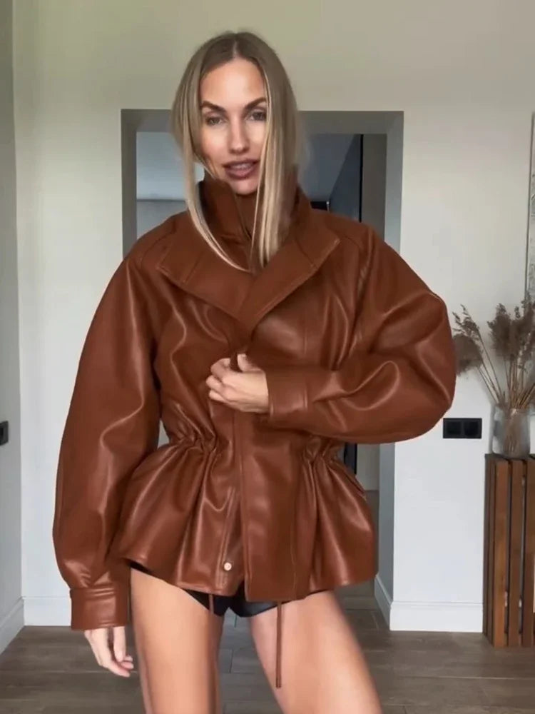 Fashion Solid Faux Leather Women's Jacket  Lapel Waist Cinching Loose Long Sleeves Coat Chic 2026 Spring Autumn New Street Wear