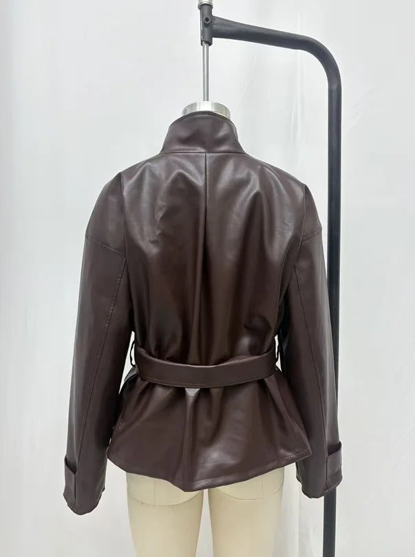 Belted Waist Stand Collar Women PU Jacket Drop Shoulder Long Sleeve Cuff Button Short Cropped Loose Faux Leather Jacket Commute