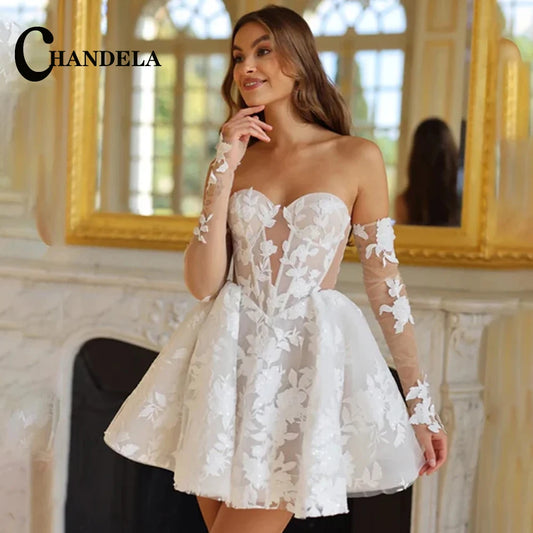 CHANDELA Lace Appliques Mini Corset Wedding Dress Cut-out Detachable Sleeves vestidos de noiva After Party A-line Customised