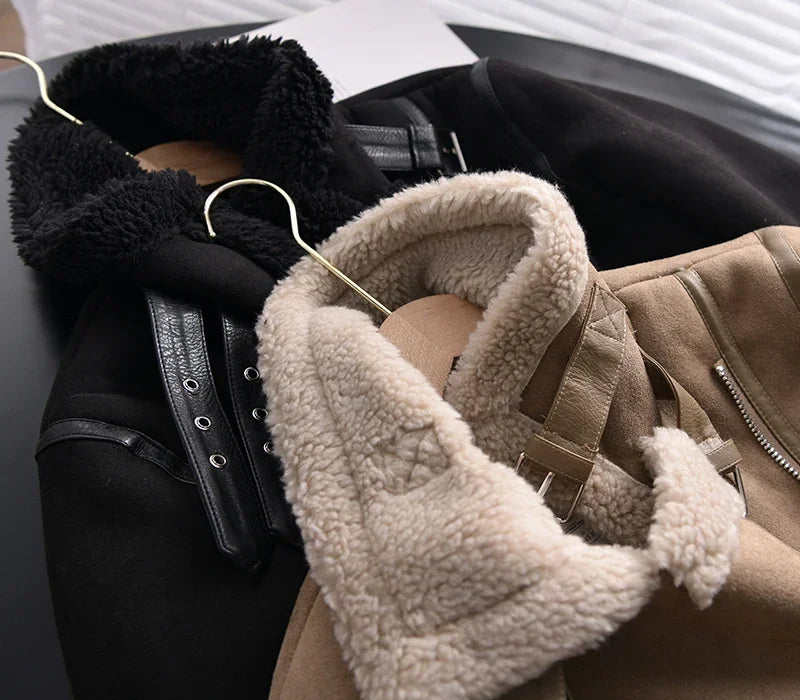 Winter Women Thick Warm Suede Lamb Jacket Short Motorcycle Brown Coats Faux Shearling Sheepskin Leather Jackets Outwear