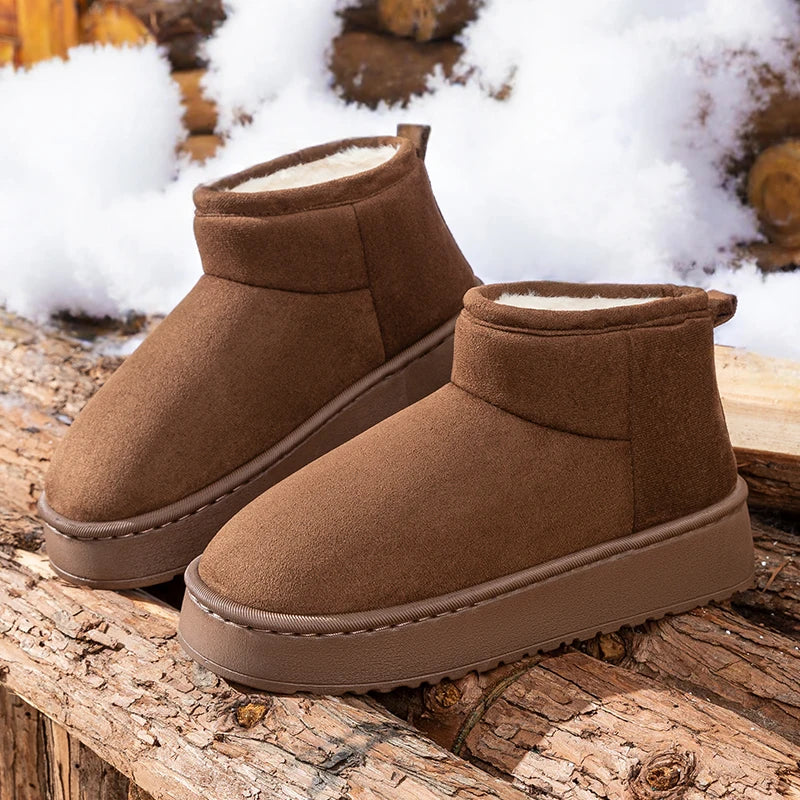 Faux Suede Thick Bottom Snow Boots Women 2025 Trend Warm Thicken Plush Cotton Shoes Woman Slip On Non Slip Winter Ankle Boots