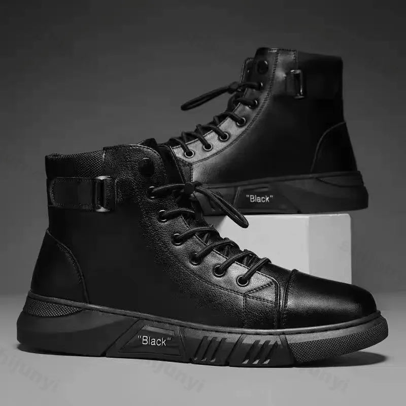 Vintage Men's Short Boots Autumn New Trendy Comfortable Height Increase Cotton Shoes Non Slip Lace Up Side Zipper Leather Boots
