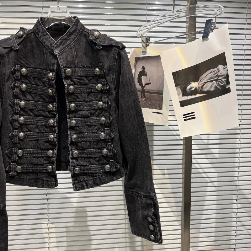 DEAT 2026 Autumn New Fashion Metal Buckle Design Shoulder Strap Denim Short Jacket For Women High Street Coat Female 11A06995