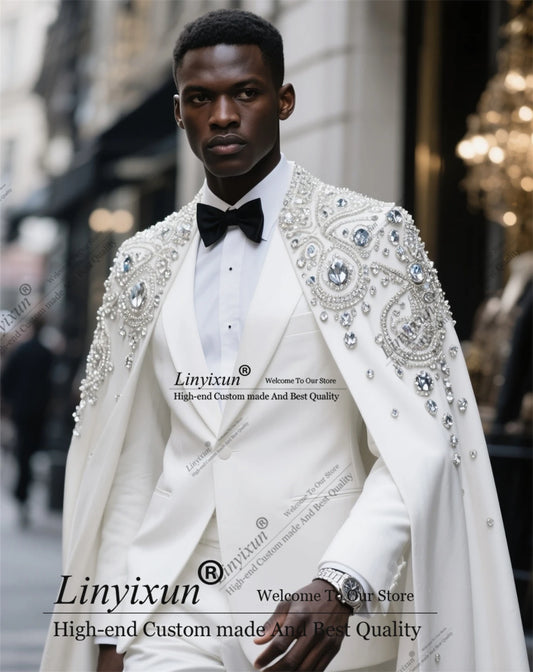 High-end Fashion Diamond Men Suit Beaded Wear Cloak Groom Prom Tuxedo Customized 2 Piece Sets Groom Blazer Male Party Ropa Hombr