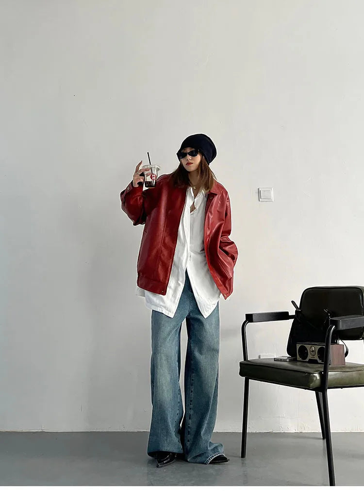 Punk Vintage Red Leather Jacket Women Streetwear Moto Biker Zipper Leather Jacket Female Winter High Street Chic Leather Coat