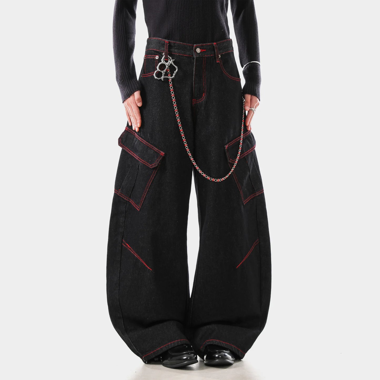 American Retro Washed Denim Jeans Multi Pocket Loose Slimming Long Trousers Straight Cut Mid Waist Zipper Fly Casual Jeans