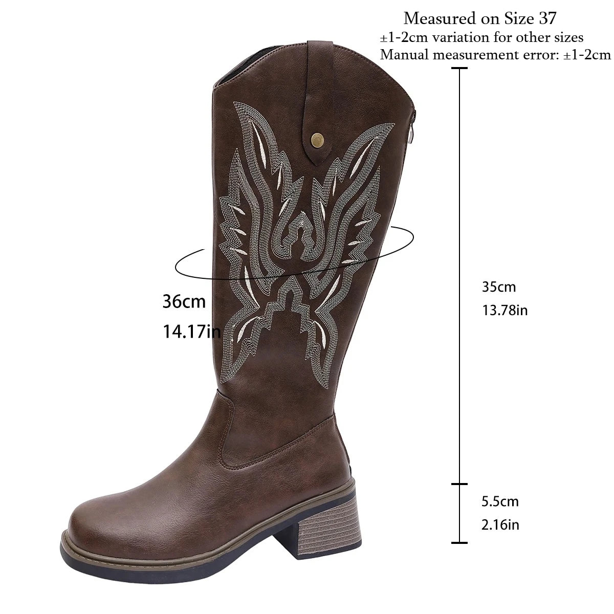 Retro Embroidery Knee‑high Western Cowboy Style Boots Women Chunky Heel Comfortable Spring Autumn Large Size Back Zip Daily Wear