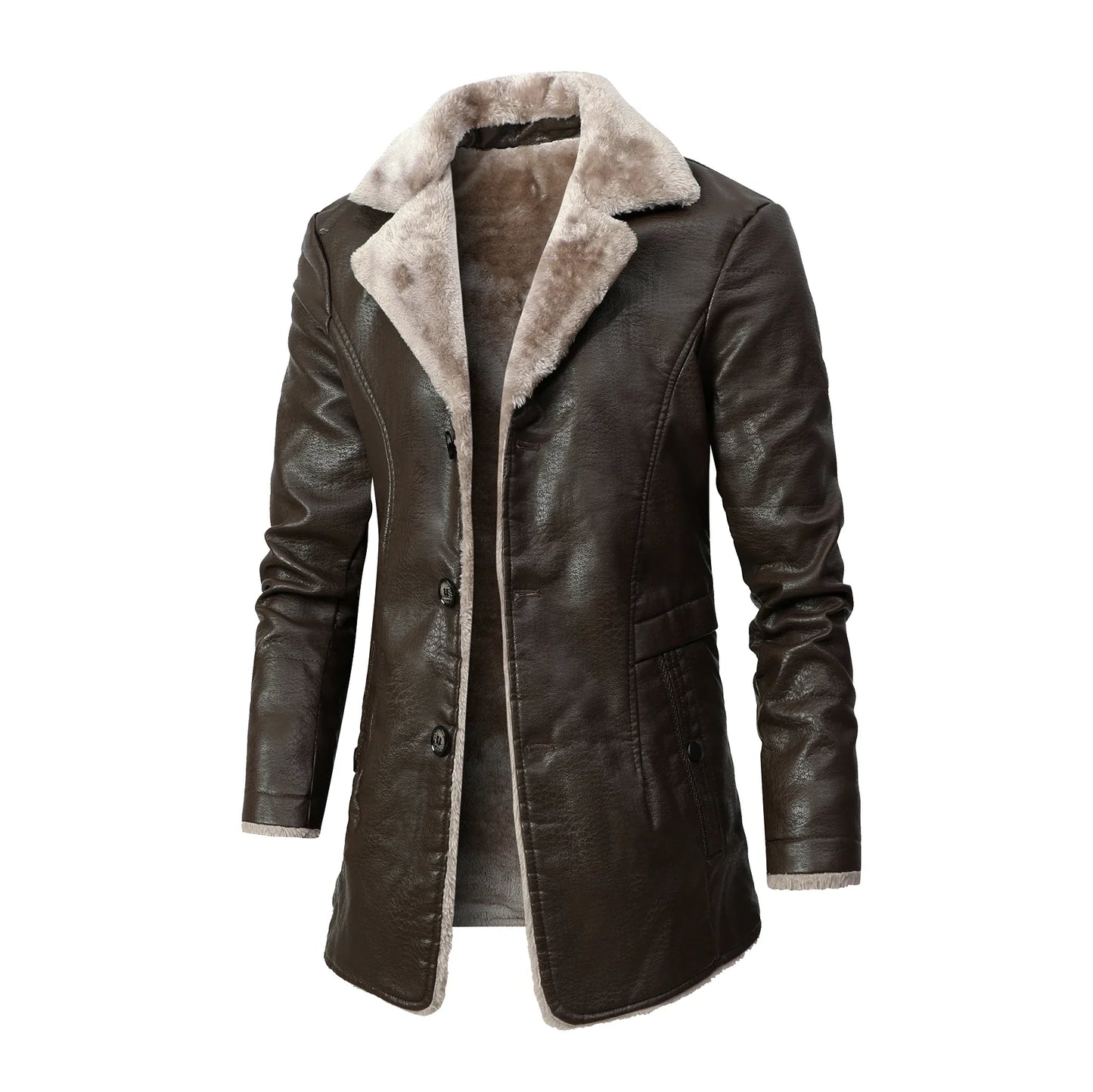 Men's Medium and Long PU Leather Jacket, Business Velvet Lapel Blazer, Single-Breasted Vintage Design Jacket