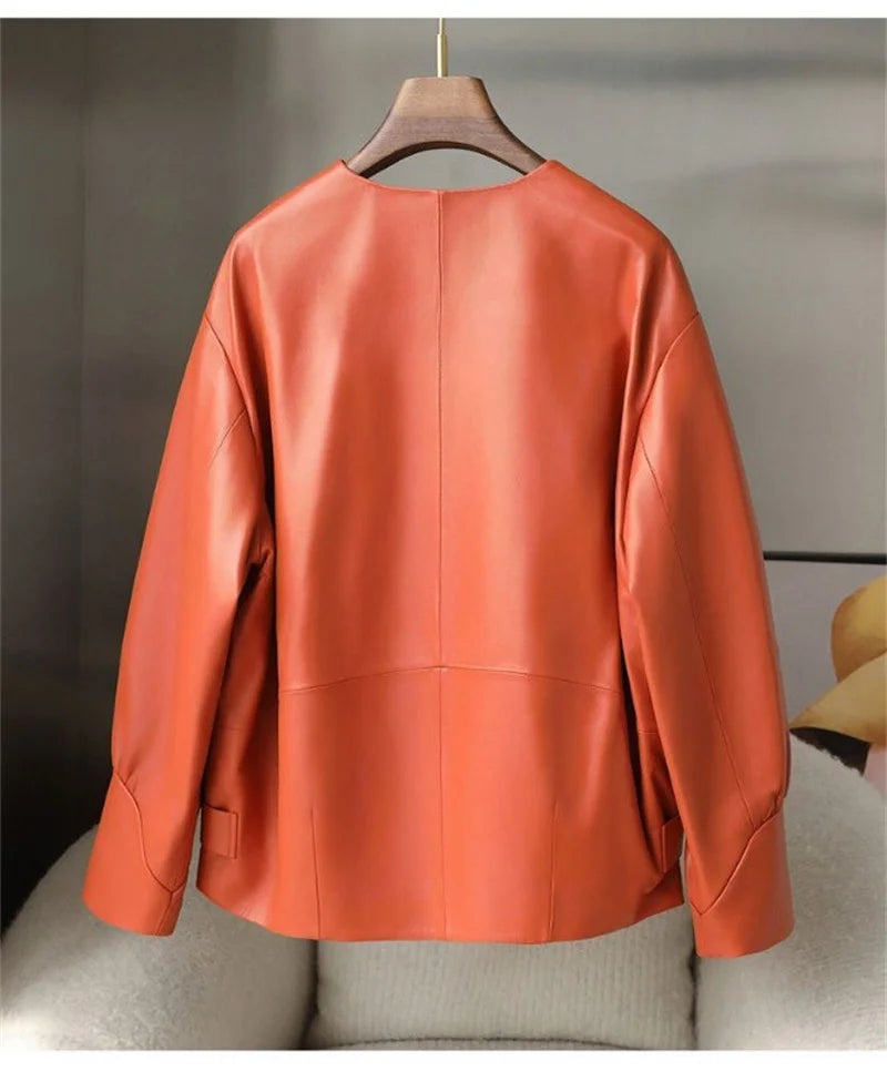 Orange Black Leather Jacket Spring Autumn Coat 2026 New Women's Leather Coat Round Neck Lantern Sleeves PU Leather Outerwear