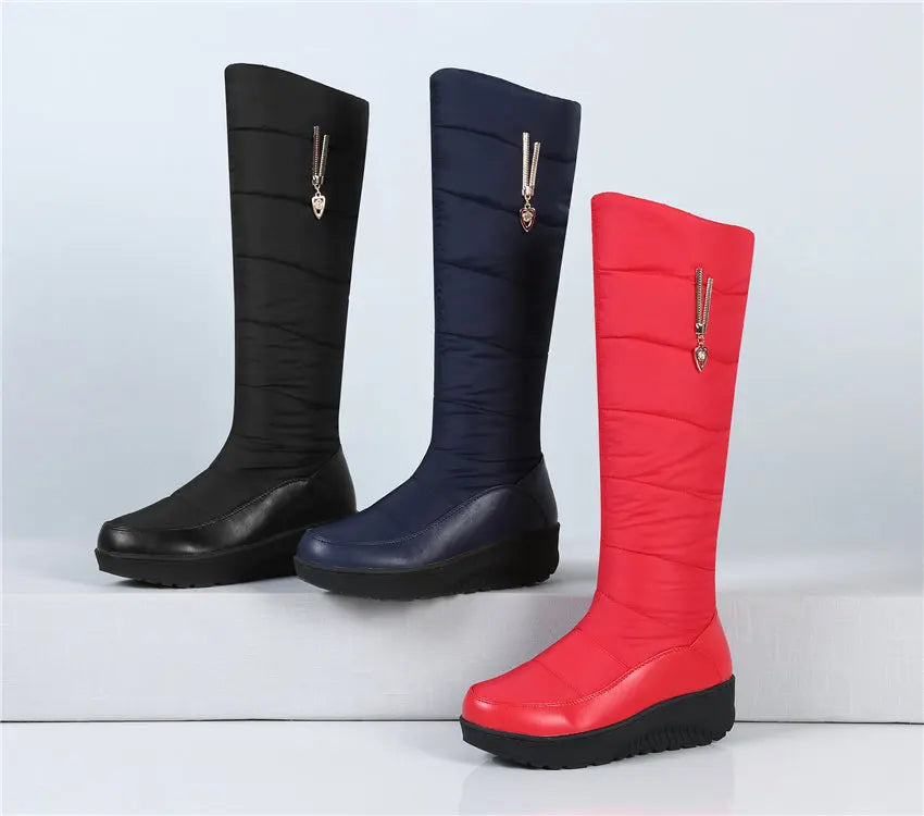 Women Warm Fur Mid-calf Snow Boots Round Toe Red Black Down Crystal Dec Party Travel Lady Wedge Platform Winter Plush Half Boots