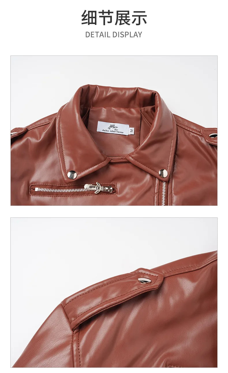 New Women slim short leather jacket plus cotton high waist long sleeve lapel diagonal zipper leather jacket pu motorcycle suit