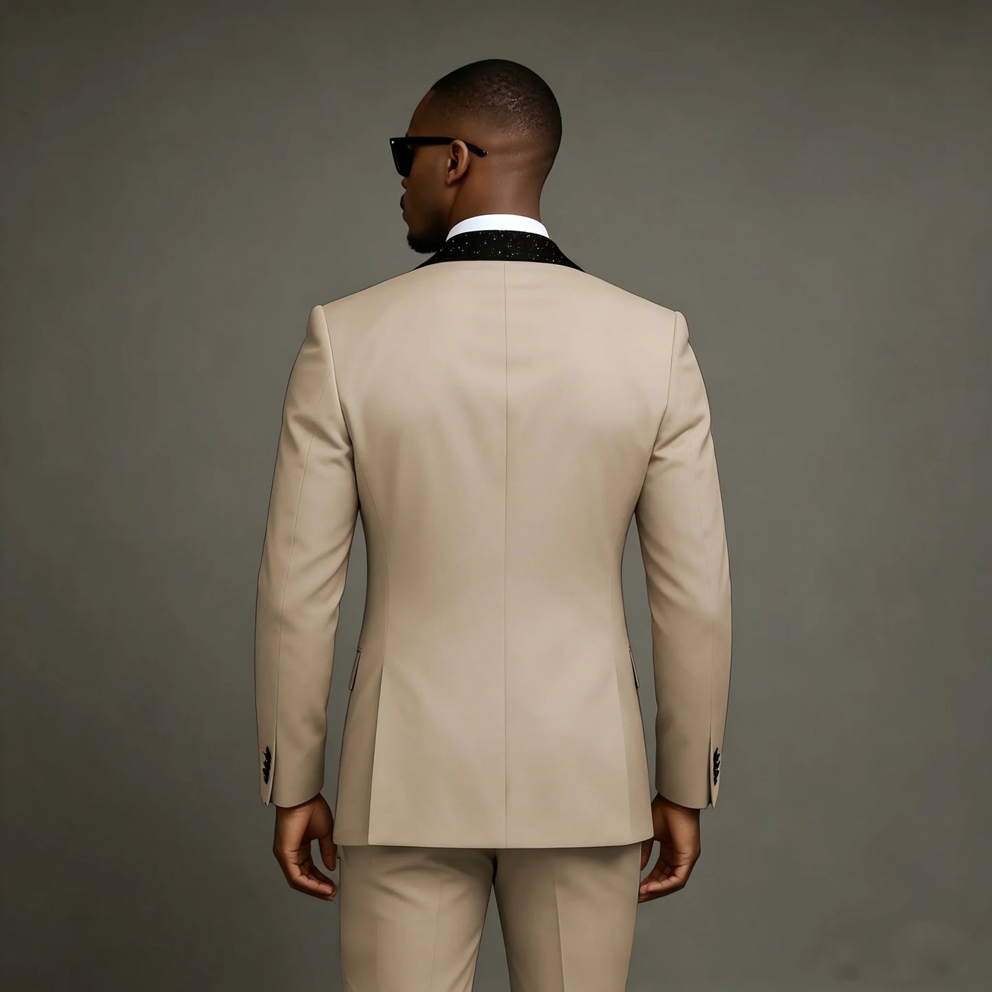 Formal Beige Wedding Men Suits Set Double Breasted Groomsmen Groom Tuxedo Fashion Designs Shiny Shawl Lapel Blazer Pants 2Pcs