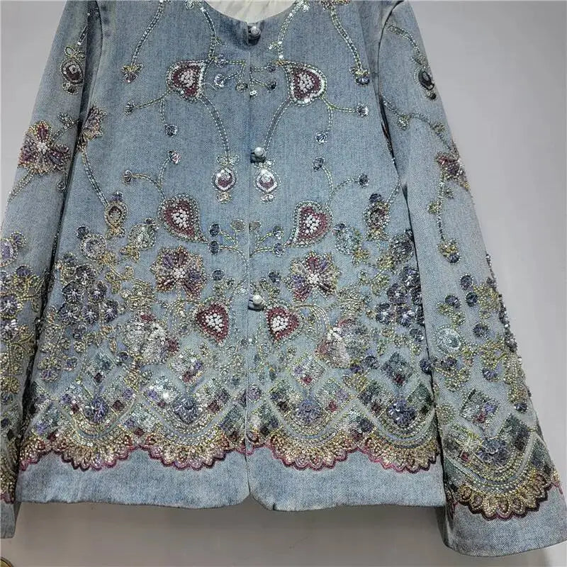 DEAT Women's Denim Coat Luxury Colorful Sequins O-neck Embroidery Single Breasted Jackets 2026 Autumn New Fashion 29A8728
