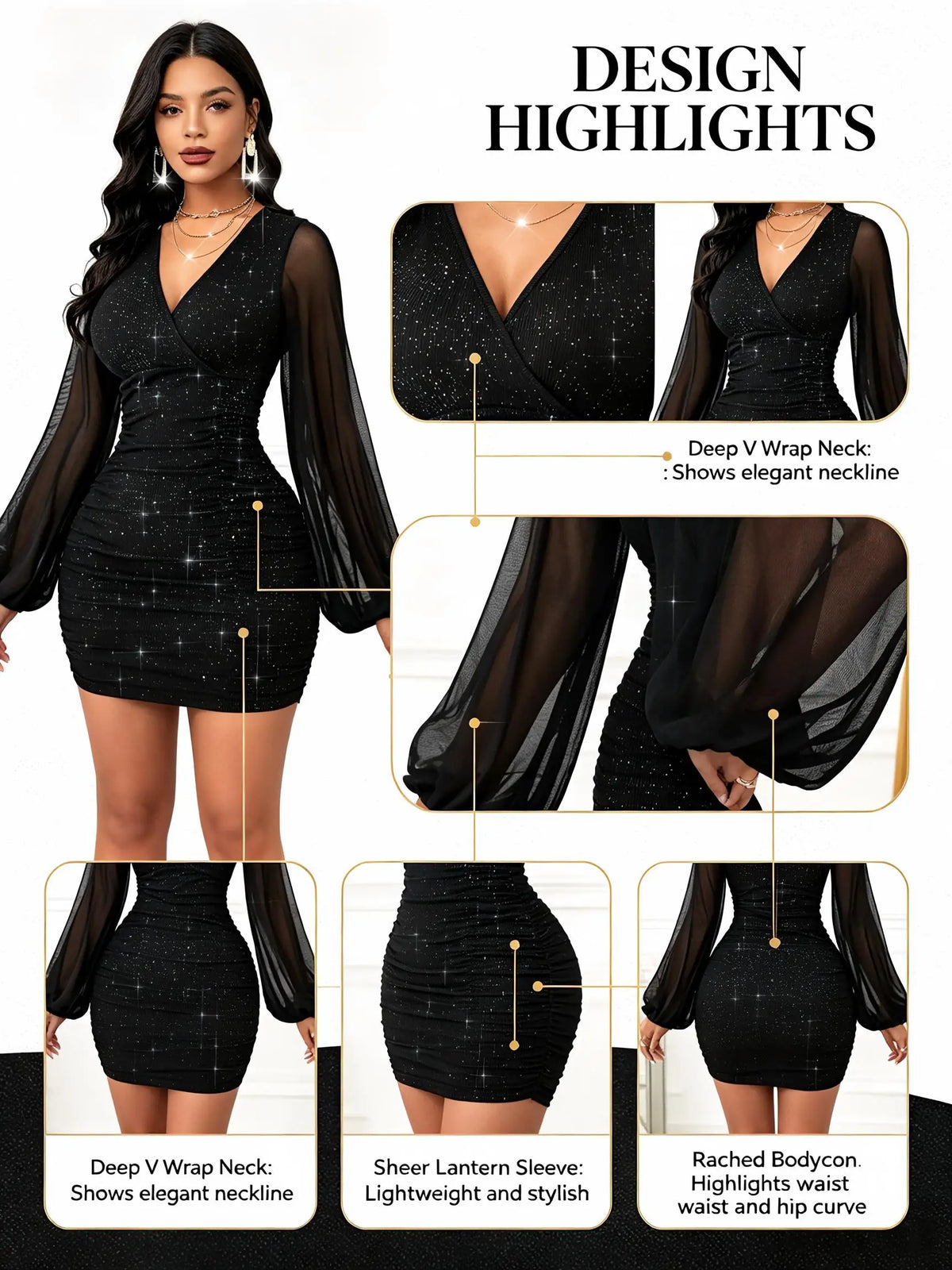 Women Sexy Elegant V-Neck Lantern Sleeve Mesh Patchwork Ruched Bodycon Sparkly Dress Black
