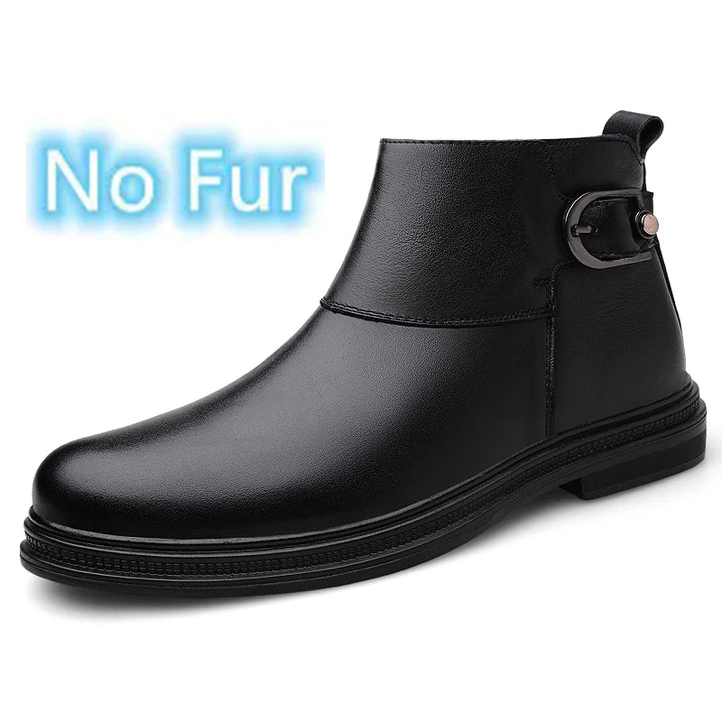 Winter New Fashion Cotton Shoes Men's Plush Genuine Leather Casual Snow Boots Slip on Male Business Footwear Comfy Ankle Boots