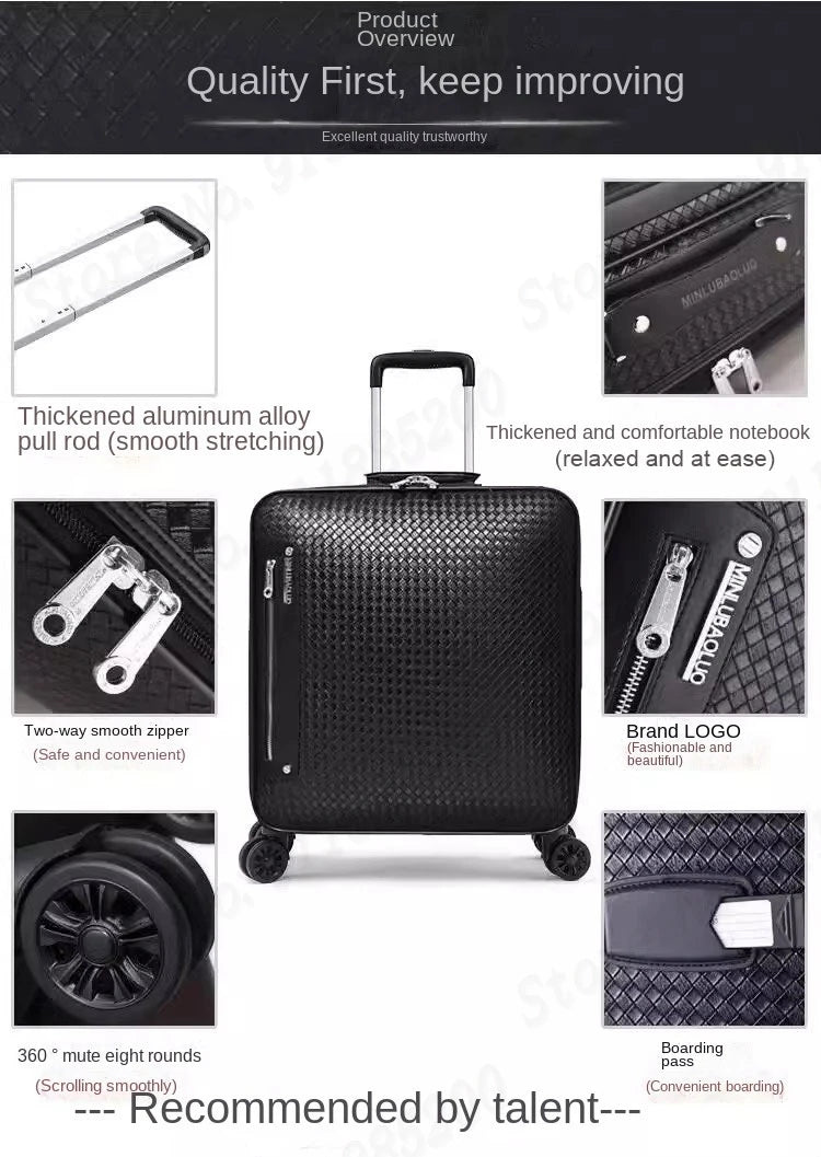 Genuine Leather Trolley Case 20 Inch Men's Business Boarding Suitcase Universal Wheel Luggage Bag 16 Inch Woven Pattern Leather