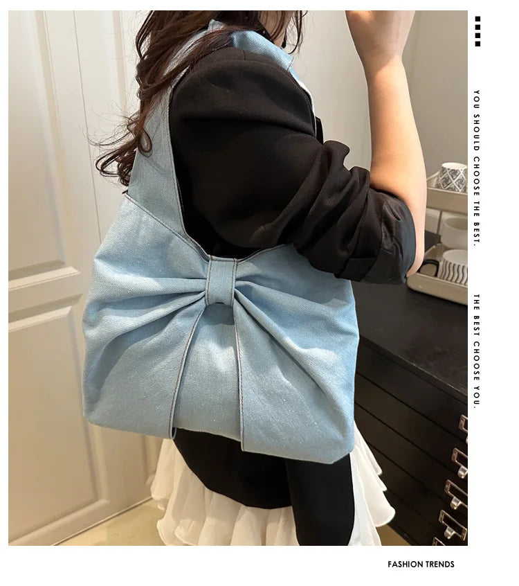 Sweet Bowknot Design Women's Denim Shoulder Bags Commuter Thread Ladies Handbags Casual Lightweight Female Underarm Tote Bag