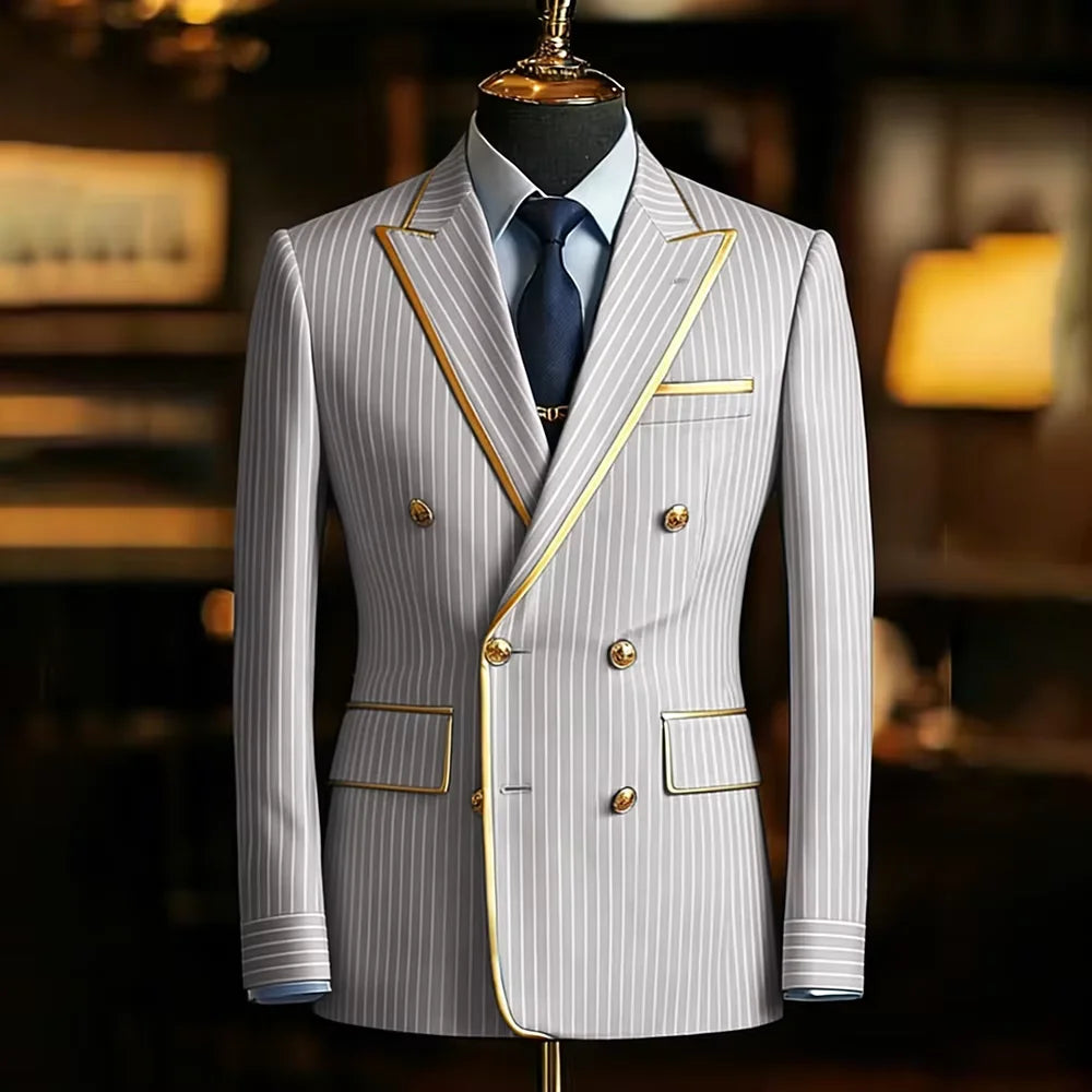 Men's Pinstripe Blazer Double Breasted Slim Fit Peaked Lapel With Gold Trim Formal Suit Jacket  For Groomsman Wedding Prom Hot