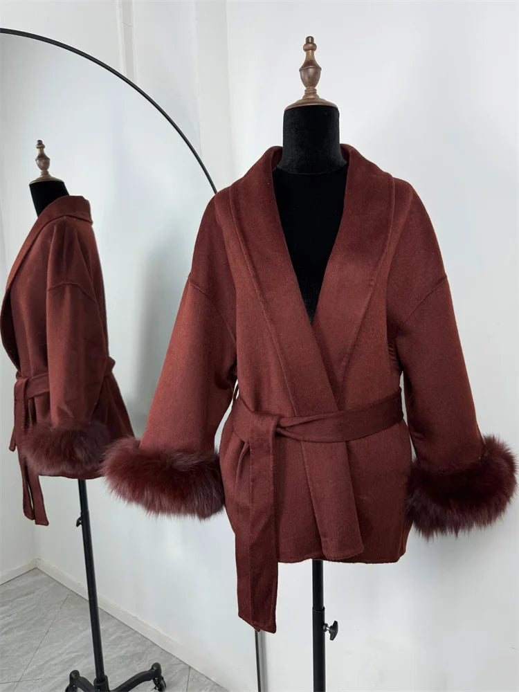 Tossy Fox Fur Wool Overcoat Women's Short Coat Office Lady Elegant Double-sided Woolen Coat 2025 New Cardigan Jackets Loose Wool