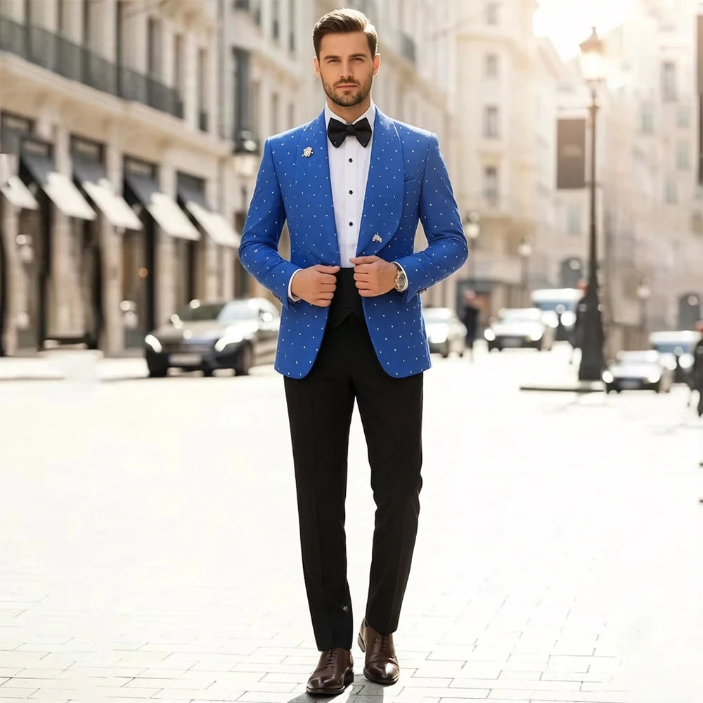 Luxury 2 Pieces Men Suits Shawl Lapel Single Breasted Tuxedo Wedding Outfit Blazer Crystal Prom Suit Jacket+Pants Customized