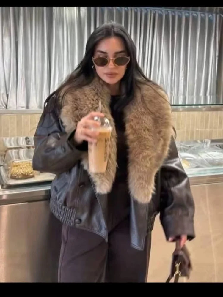 Women Fur Collar Faux Leather Jacket Pebbled Pu Cropped Coat Double Breasted Epaulet Loose 2026 Vintage  Autumn Trendy Outerwear