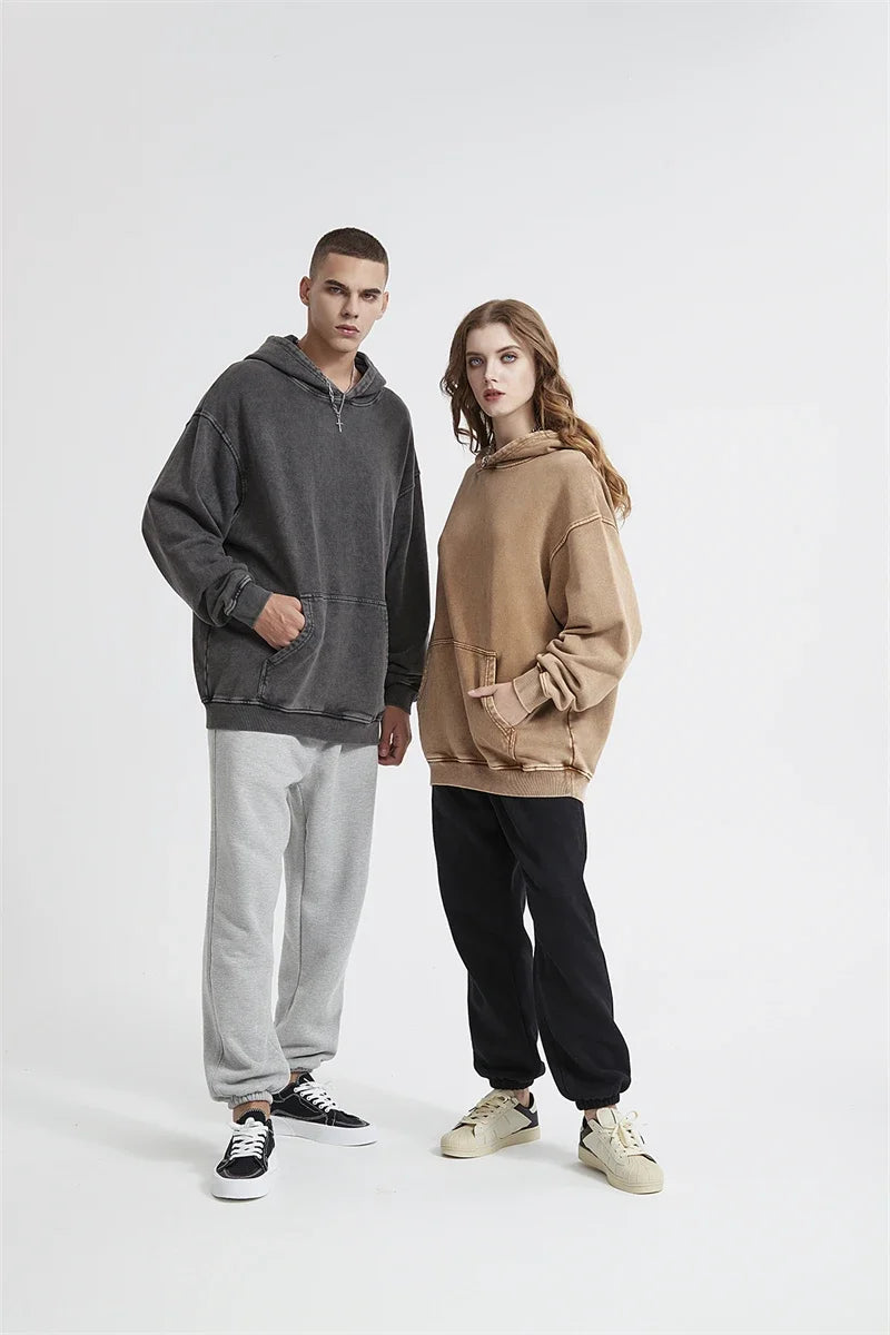 2024 Autumn Winter Men 420gsm Hoodies Streetwears High Street Heavy Weight Washed Cotton Sweatshirts Brand Tracksuit