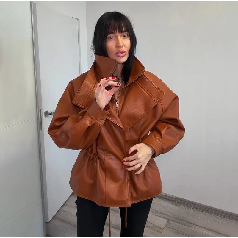 Fashion Solid Faux Leather Women's Jacket  Lapel Waist Cinching Loose Long Sleeves Coat Chic 2026 Spring Autumn New Street Wear