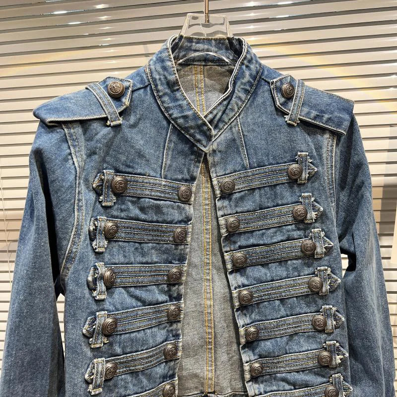 DEAT 2026 Autumn New Fashion Metal Buckle Design Shoulder Strap Denim Short Jacket For Women High Street Coat Female 11A06995