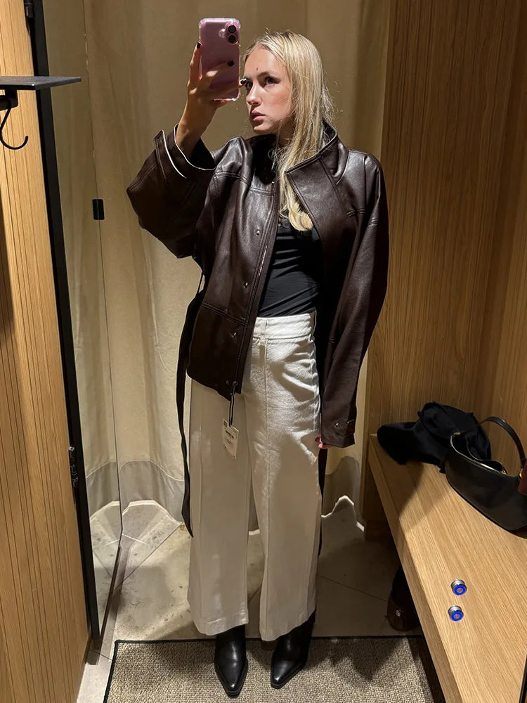 Belted Waist Stand Collar Women PU Jacket Drop Shoulder Long Sleeve Cuff Button Short Cropped Loose Faux Leather Jacket Commute