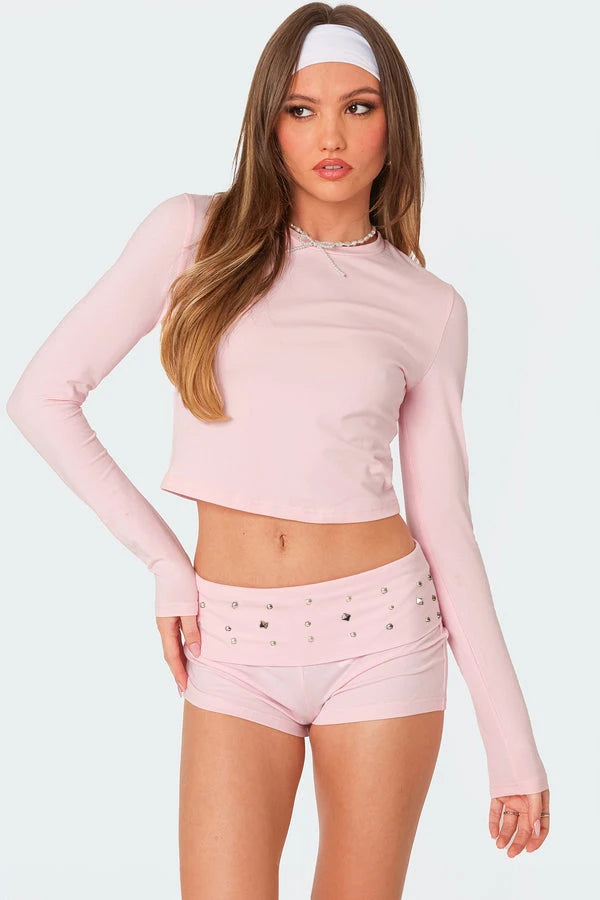 Women Y2K Studded Foldover Vintage Low Waist Slim Summer Boxer Low Waist Slim Fit Micro Shorts Party Clubwear Skinny Bottoms