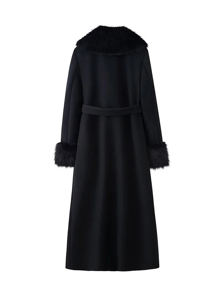HH Winter Women Elegant Fur Collar Pockets Woolen Long Coat Female Temperament Warm Lapel Long Sleeve Double-breasted Belt Jacke