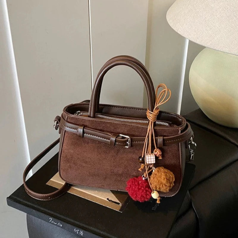 Retro Faux Suede Women's Handbag Fashionable Small Square Bag 2025 Winter Simple Short Handle Single Shoulder Crossbody Bag