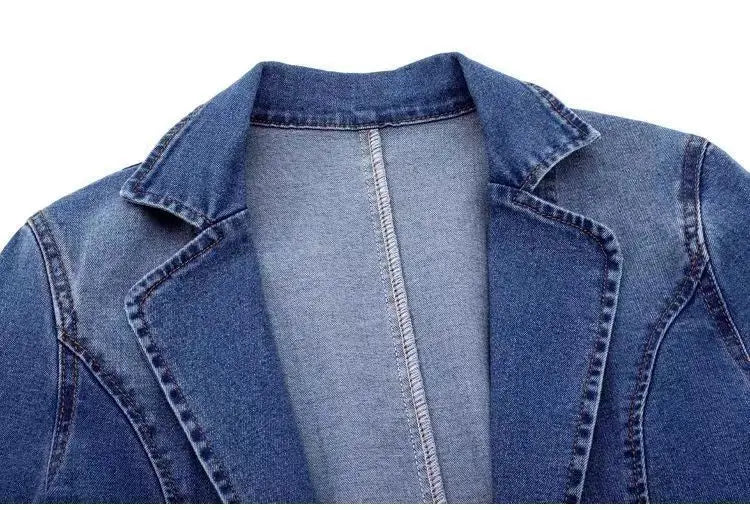 Spring Autumn New One Button Design Denim Jacket For Women Slimming Fit Suit Collar Solid Color Cardigan Blue Cowboy Outer Wear