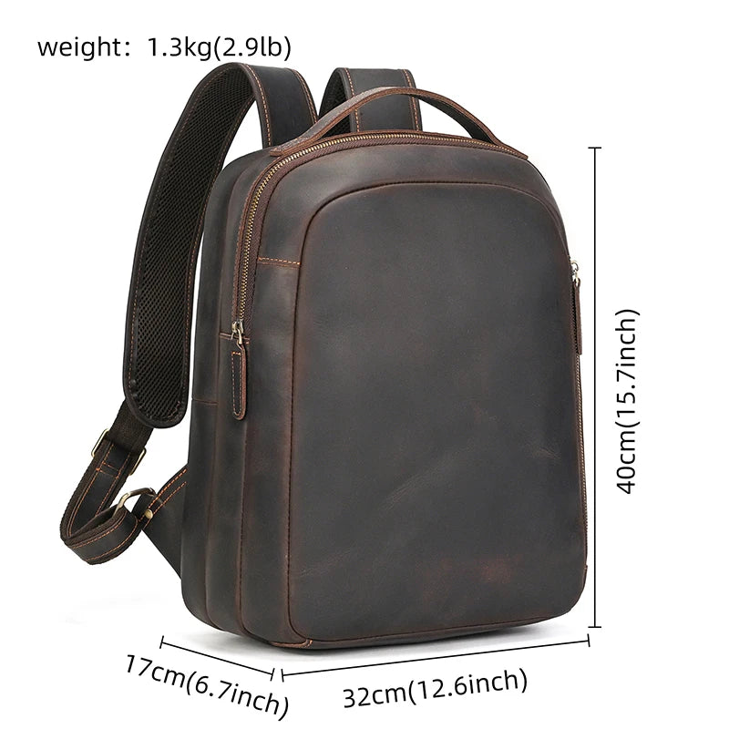 Luufan Men's Retro Crazy Horse Leather Backpack Brown Genuine Leather Rucksack Brown 14 Inch Laptop School Bag