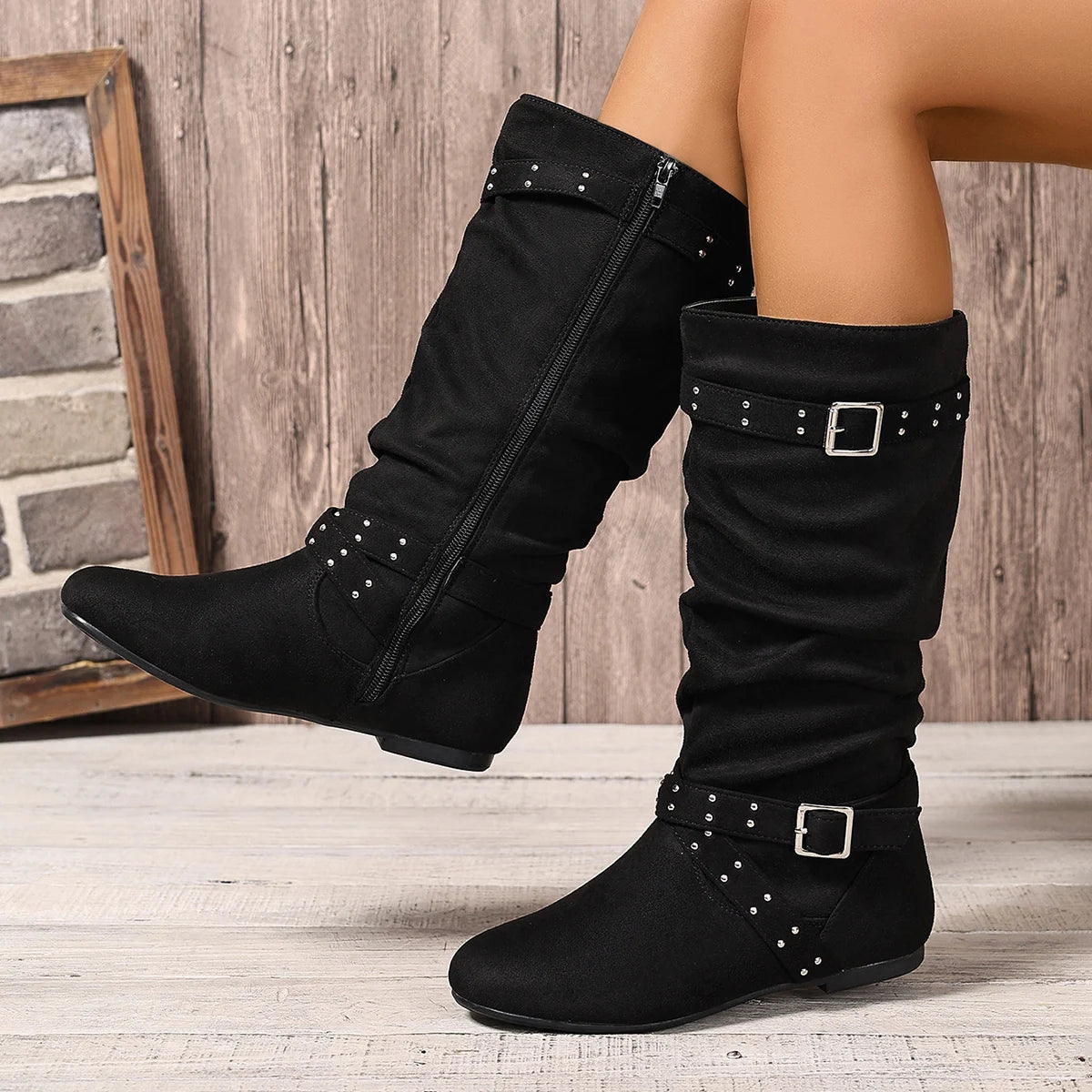 Rivet Side Zipper Buckle Flat Bottom Fashionable Solid Color Comfortable European and American Ladies Youth Mid-Calf Boots
