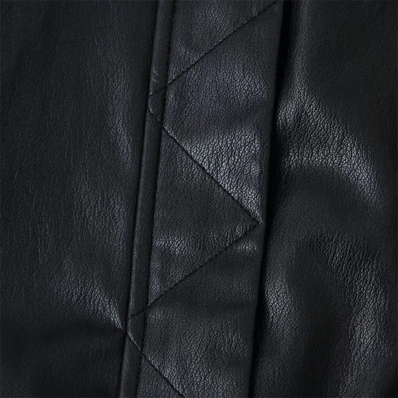  Women's Faux Leather Bomber Jacket Black Stand Collar Cropped Loose Vintage Outerwear 2026 Autumn Lady Street Chic Casual Coat
