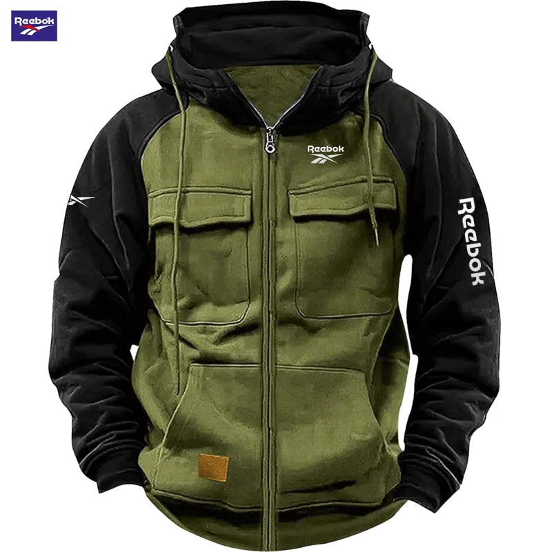 2026 Reebok New Autumn-Winter Men's Hooded Patchwork Casual Sweatshirt, Loose-Fit Fashionable Youth Multi-Pocket Padded Hoodie