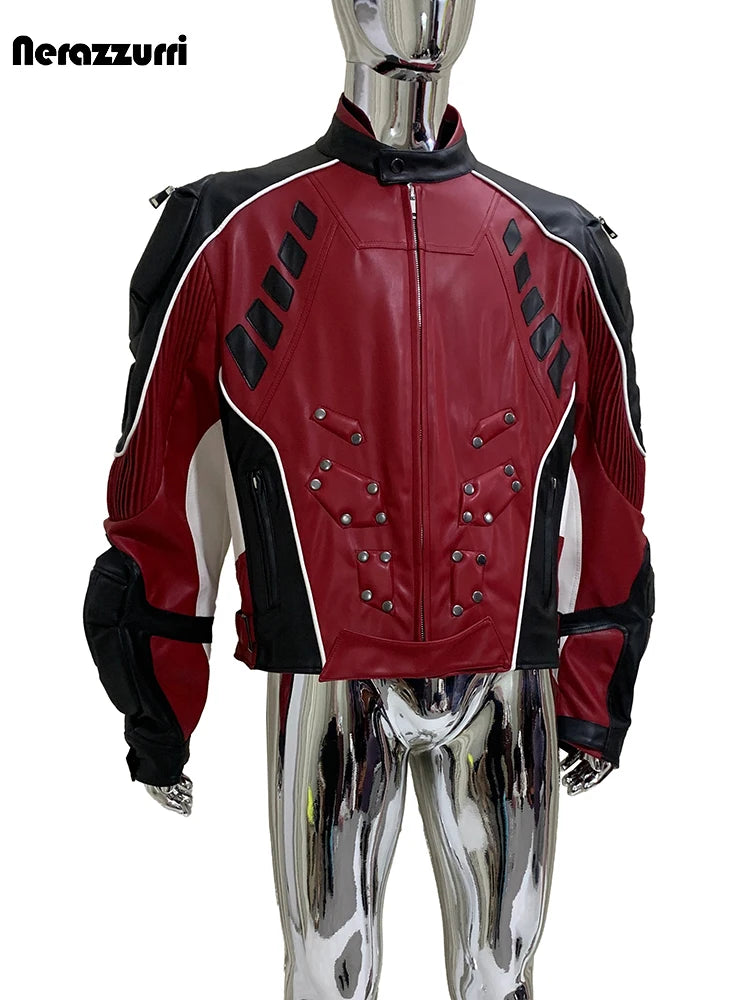 Nerazzurri Autumn Winter Short Color Block Pu Leather Racer Jacket Men Shoulder Pads Rivet Zipper Luxury Designer Clothes 2025