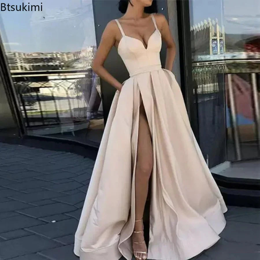 2026 Women's Wedding Party Evening Dresses Solid Elegant Side Slit A-Line Satin Sleeveless Straps Maxi Dress Sexy Banquet Gown