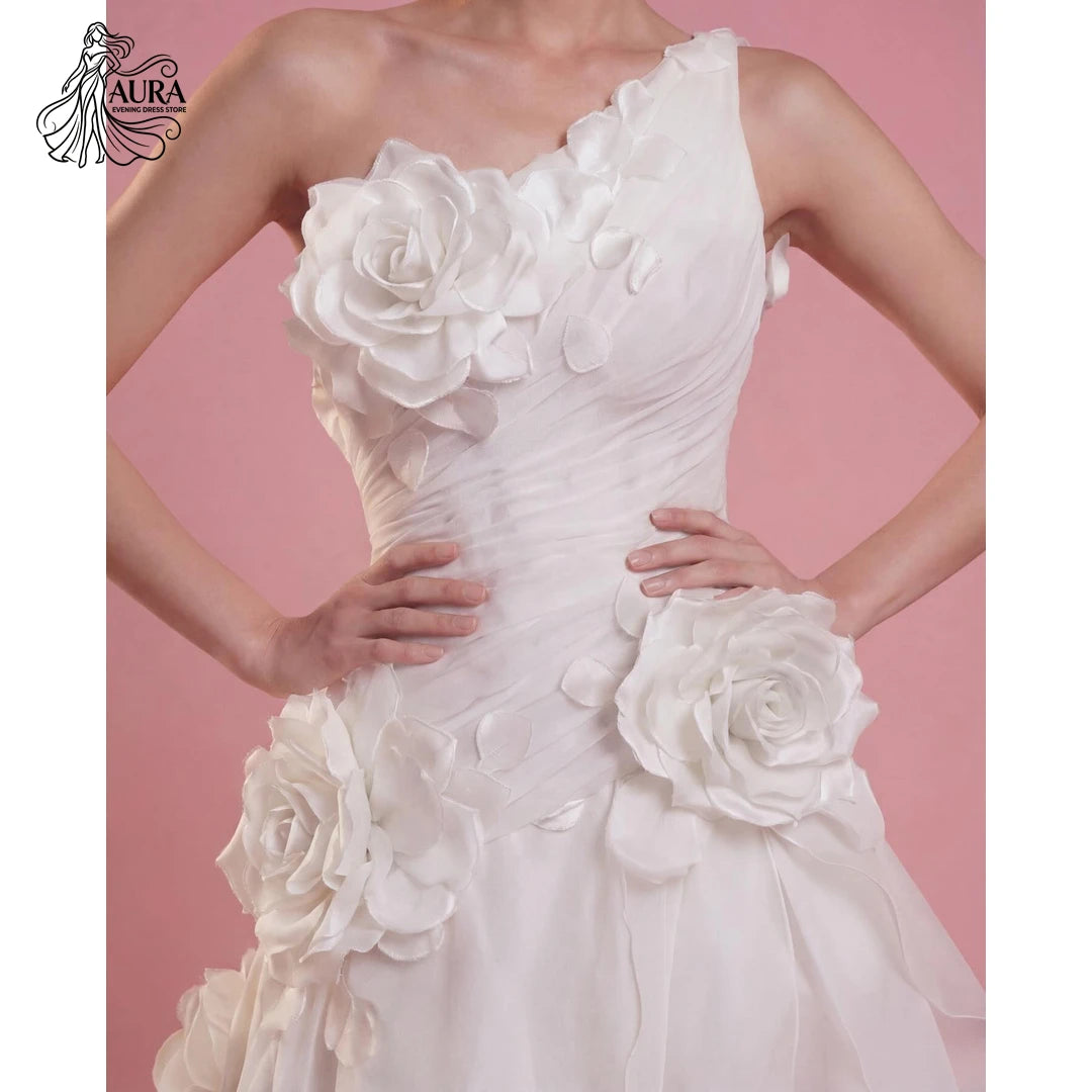 Aura Wedding Evening Dress White Chiffon Slit Luxury Elegant Party Dresses for Wedding Woman Customized Line A 3D Flowers Prom