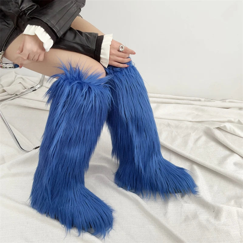 Hot Sale Ins Fashion Long Women Furry Boots Winter Knee Length Keep Warm Ladies Snow Boots