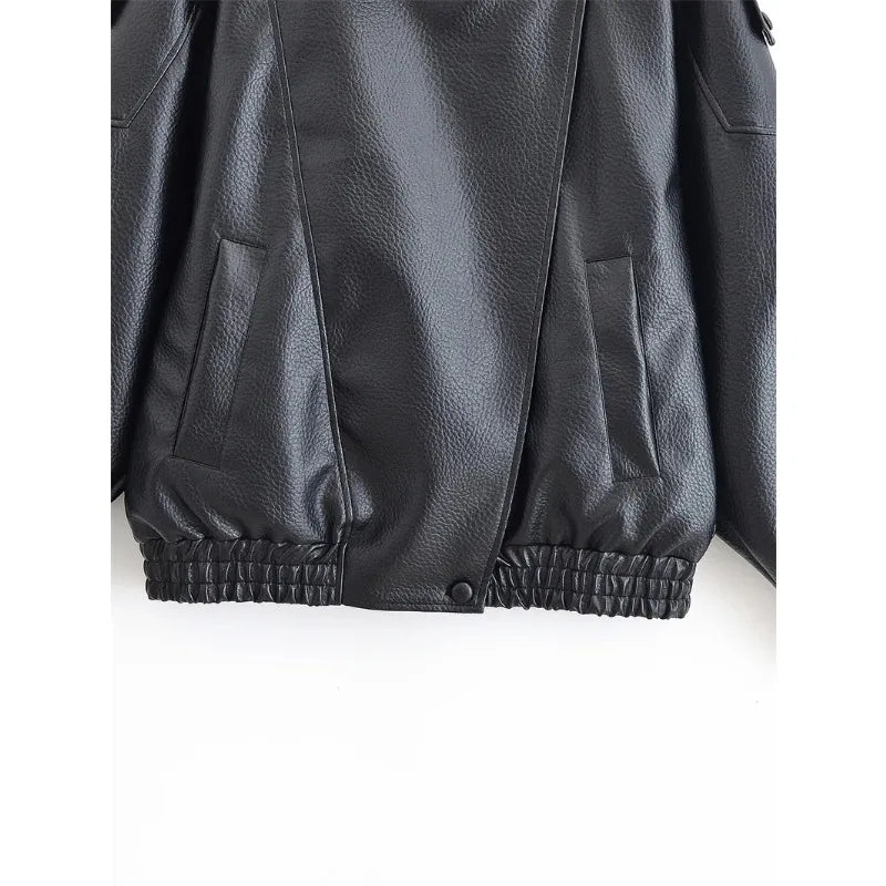 Women's 2026 Autumn New Classic Commuter Style Black Long Sleeve Pebble Faux Leather Motorcycle Fashion Jacket