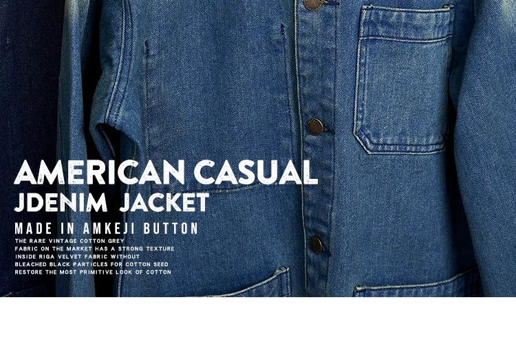 American Retro Thickened Heavyweight Men's Denim Jacket Casual Autumn Winter Workwear Outerwear Standard Fit Multi-Pocket Washed