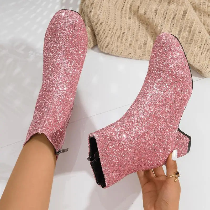 Luxury Sequin Fabric Ankle Boots Women 2026 Autumn Designer Square Toe Side Zip Short Boots Sexy Shiny Medium Heel Party Shoes