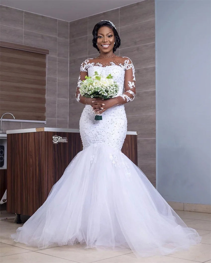 Customized African Luxury Beading Mermaid Wedding Dress Long Sleeve Appliques Pearls Wedding Gowns Black Bride Vestido de noiva
