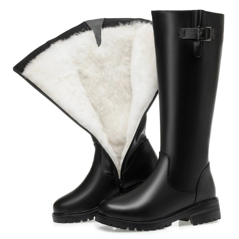 WOIZGIC Women's Ladies Mother Genuine Leather Mid Calf Snow Boots Warm Plush Fur Wool Zipper Winter Plus Size 42 43