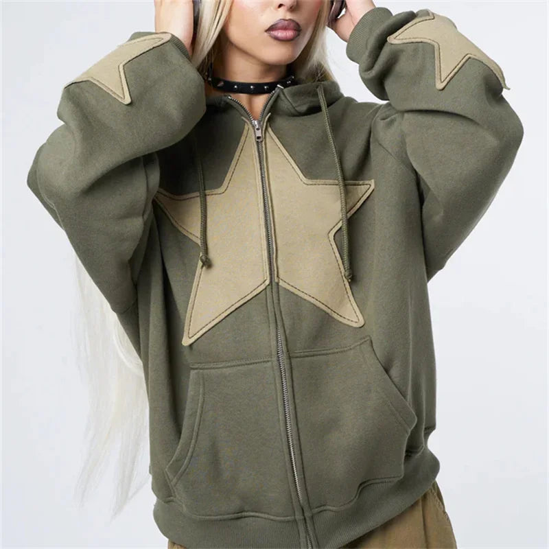 Women's Graphic Hoodie Y2k Zip Up Hoodies Star Patchwork Oversized Sweatshirt with Drawstring Aesthetic Pullover with Hood Shirt