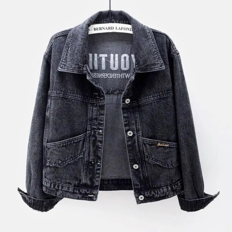 Denim Coats Women Short Coat Single Breasted Casual Embroidery Turn Down Collar Y2k Streetwear Jackets Work Slim Fit Spring